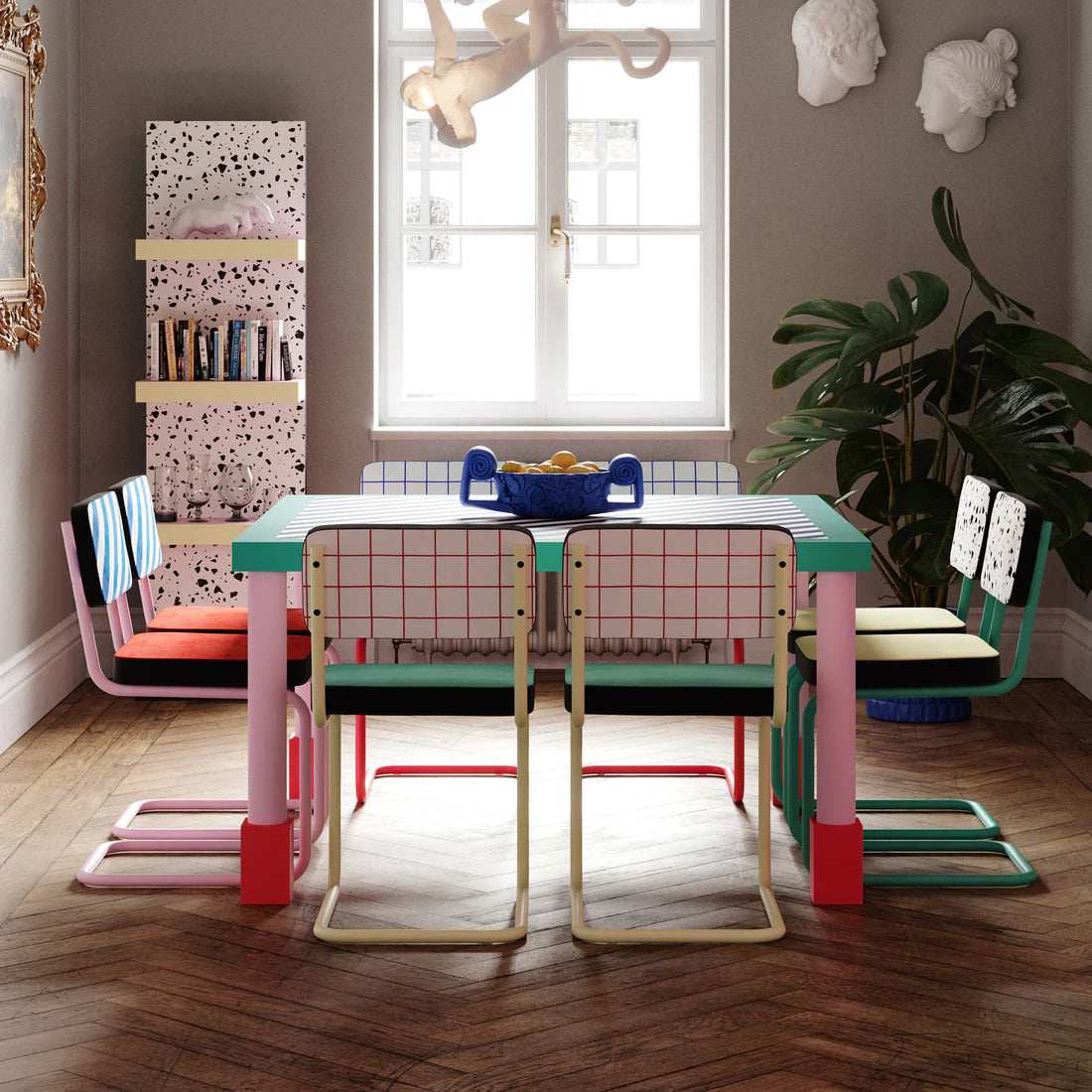 Quadratischer Tisch SUPERSQUARE BLUE STRIPES blau mit rosa Fuß