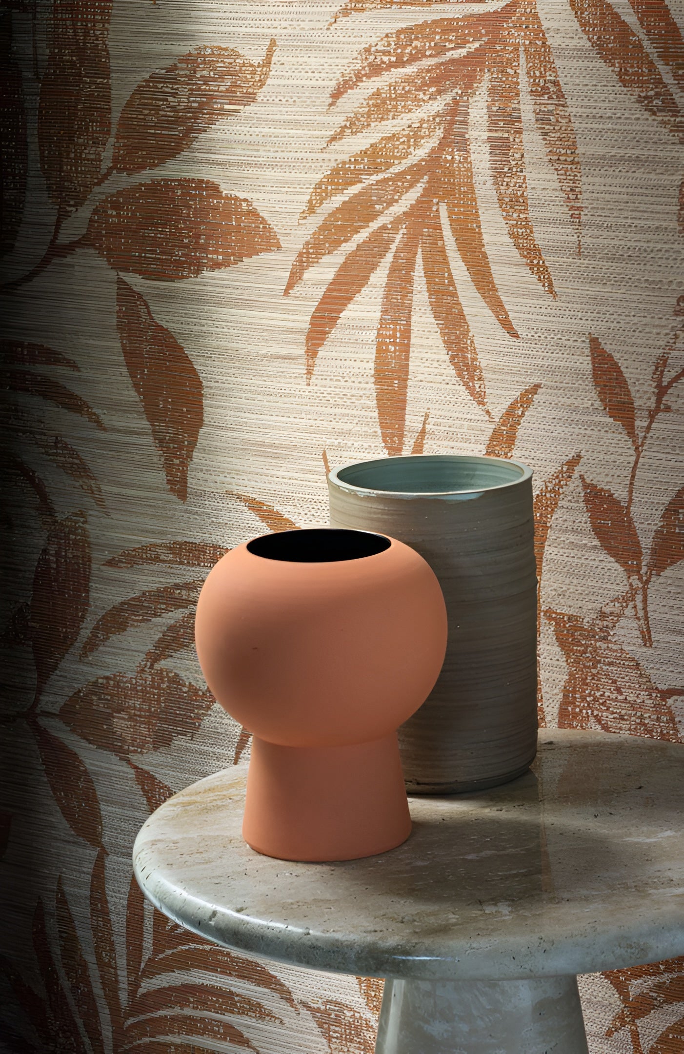 Textile wallpaper with a plant motif of SALIX leaves - ORANGE BRÛLÉ/OCHRE burnt orange with beige