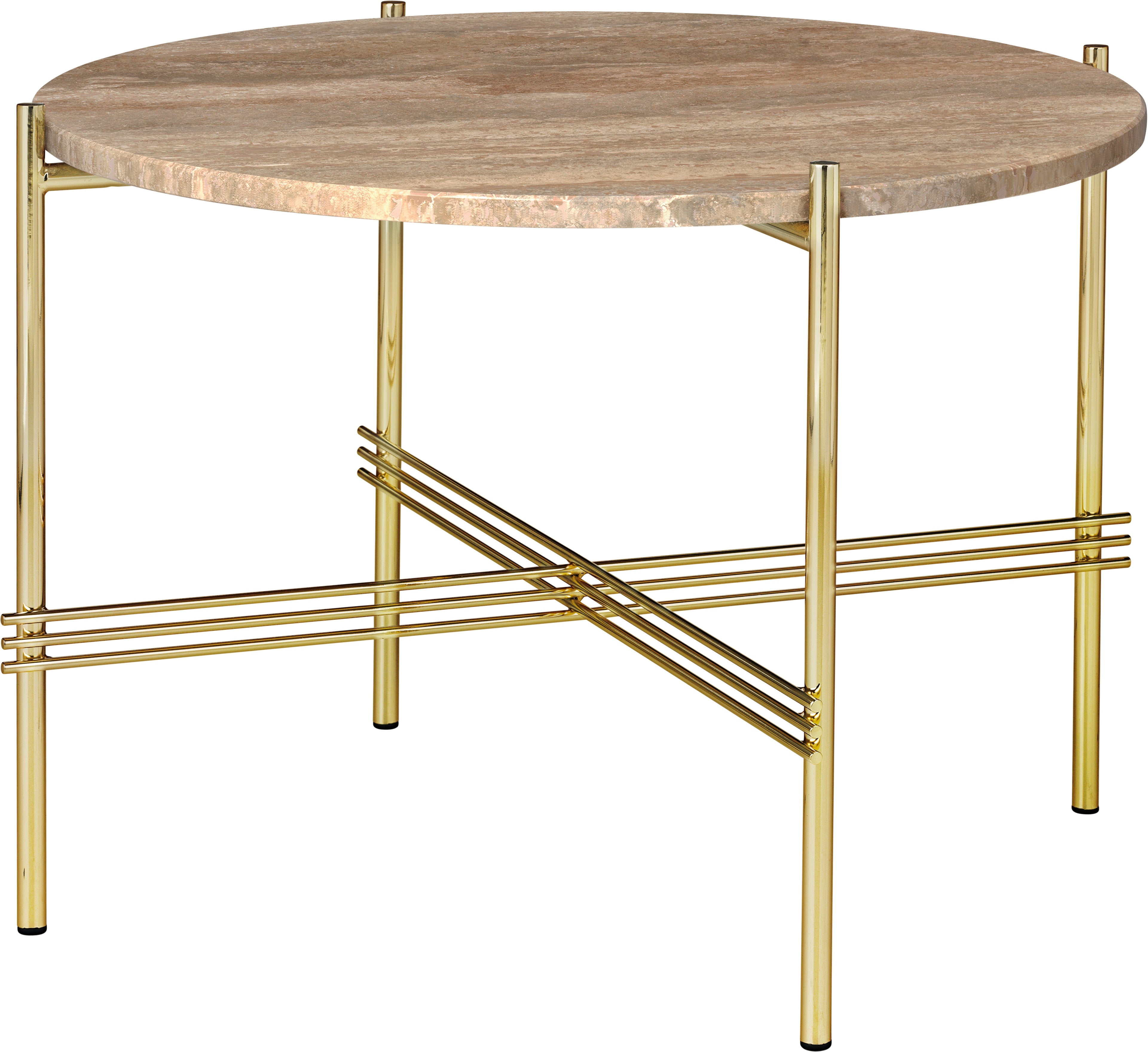 Runder Couchtisch TS aus sandfarbenem Travertin mit goldenem Gestell
