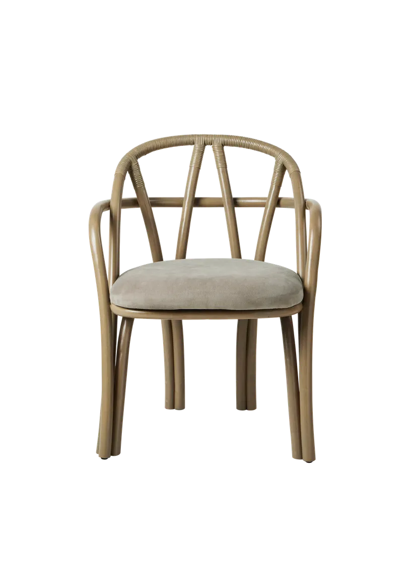 Upholstered BISTRA armchair with an olive rattan base