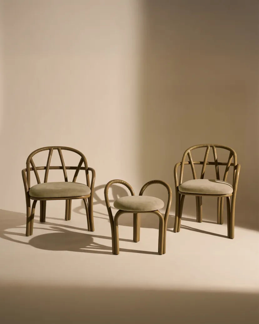 Upholstered BISTRA armchair with an olive rattan base