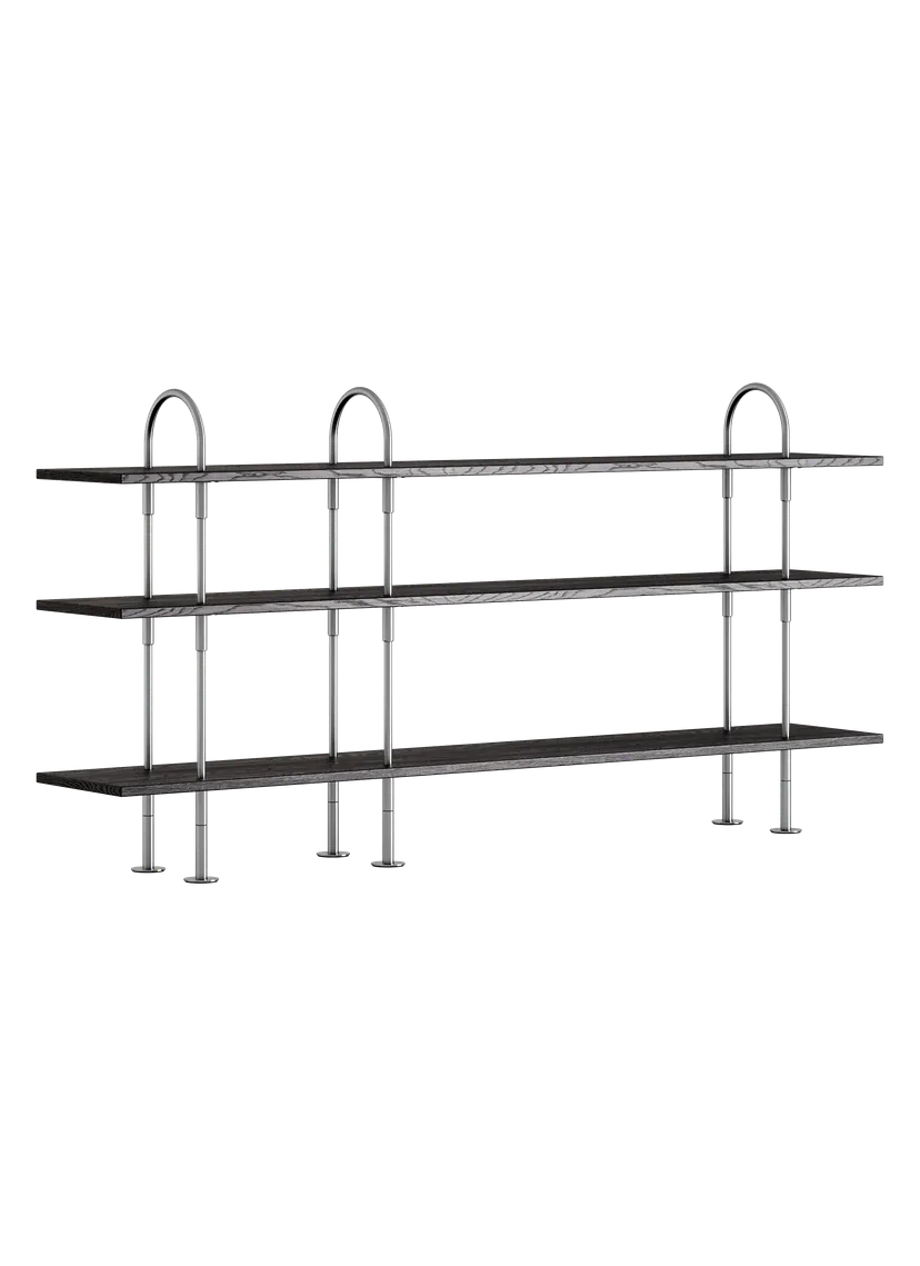 Regal KEEN dunkles Eschenholz mit satinierter Stahlrahmen