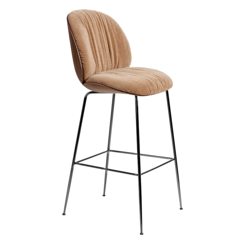 BEETLE SOFT upholstered bar chair with walnut wood and black chrome base