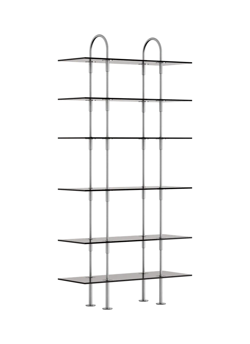 Regal KEEN mit rauchigem Glas und satinierter Stahlrahmen