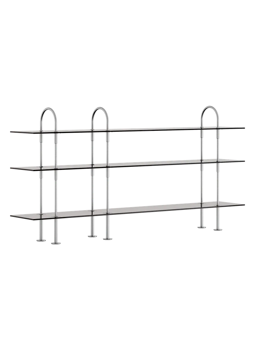 Regal KEEN mit rauchigem Glas und satinierter Stahlrahmen