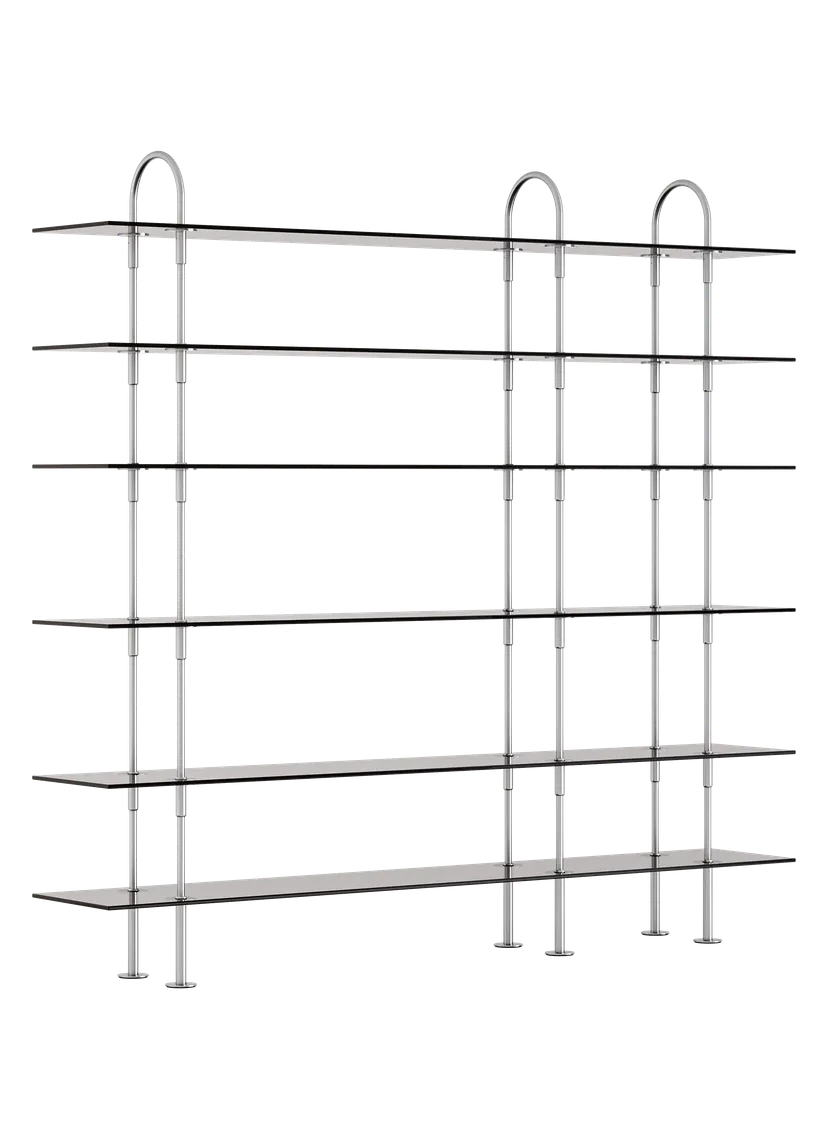 Regal KEEN mit rauchigem Glas und satinierter Stahlrahmen