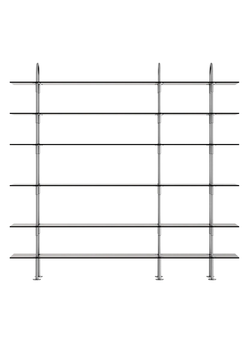 Regal KEEN mit rauchigem Glas und satinierter Stahlrahmen