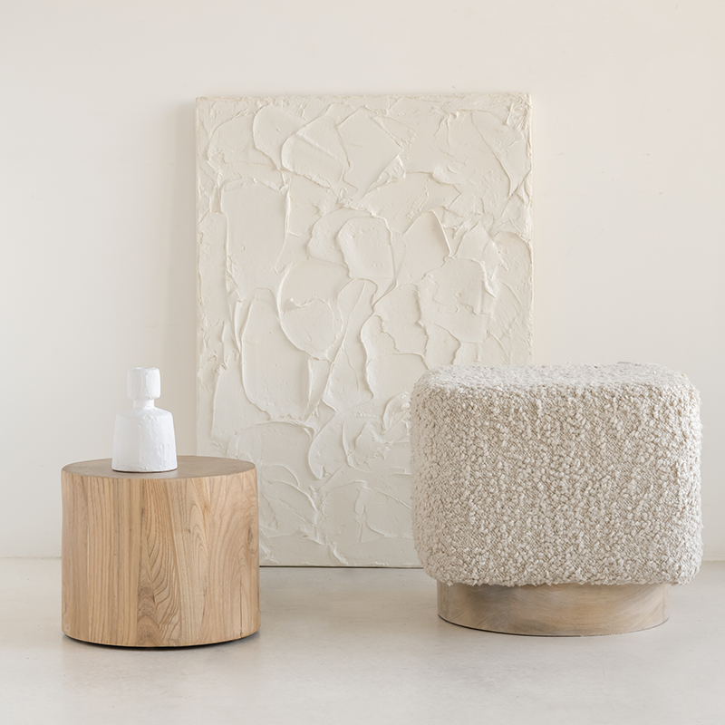 KAURA Baumwoll-Pouf mit Holzsockel