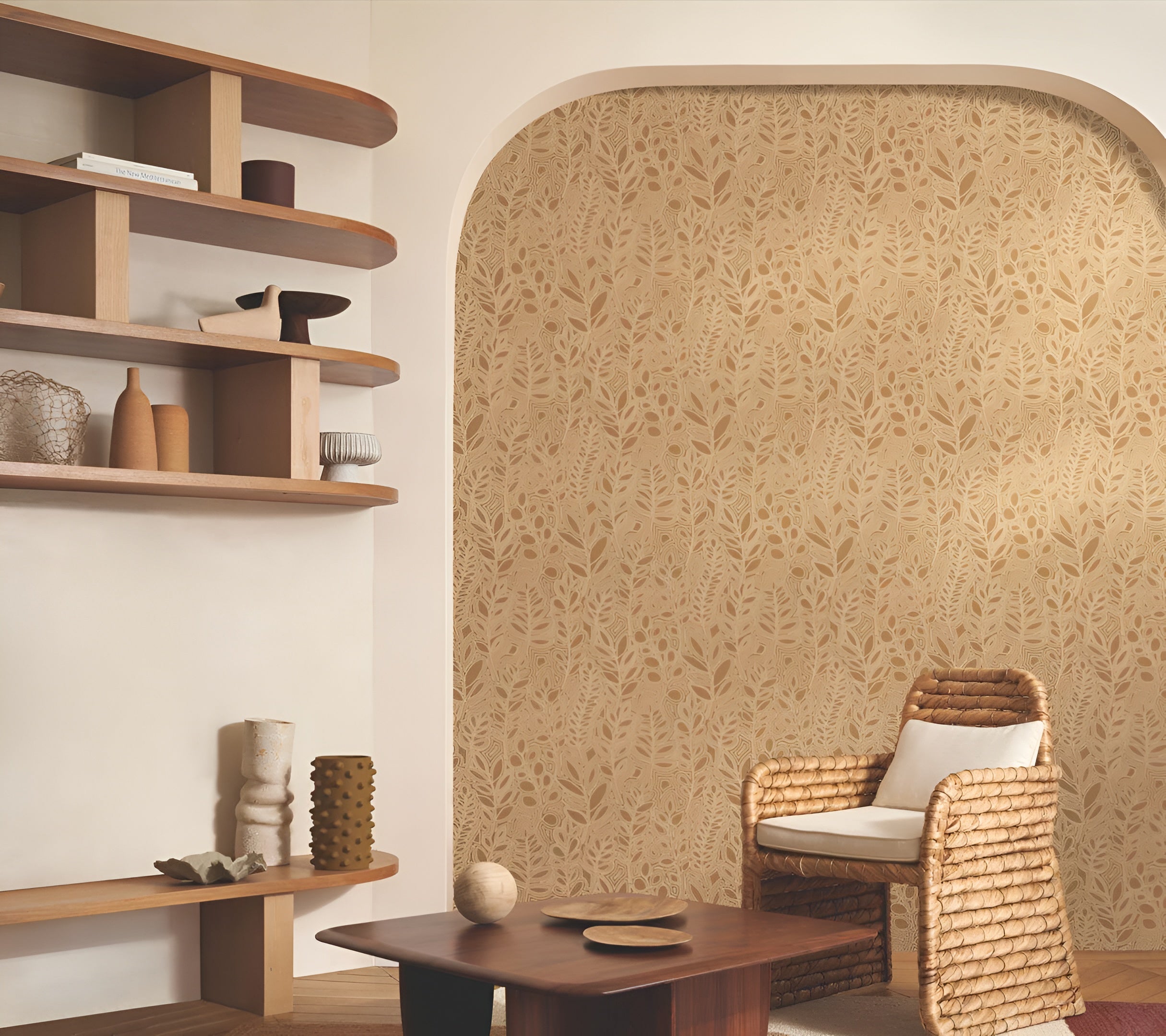 Plant-themed wallpaper with leaf design resembling embroidery ASTRAGALE - TERRACOTTA terracotta