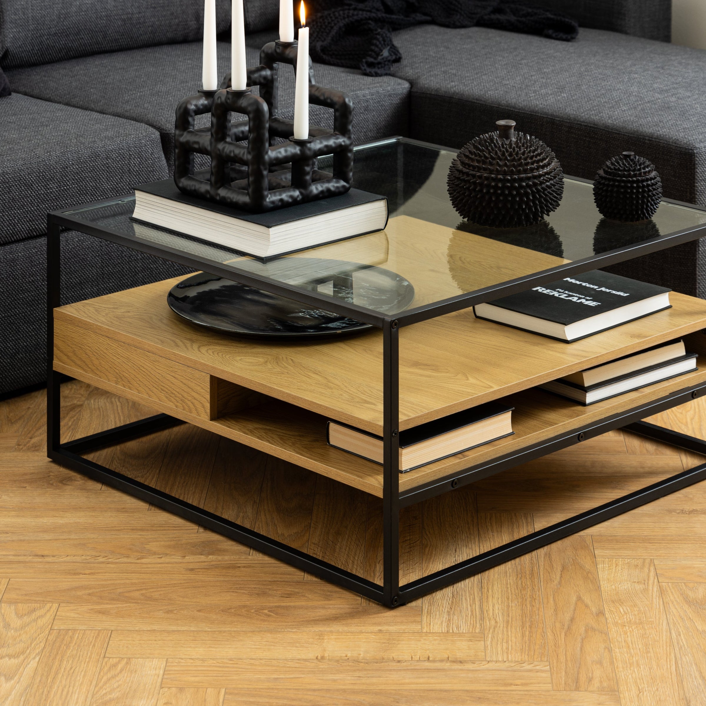 RANDOLF wooden coffee table with black frame