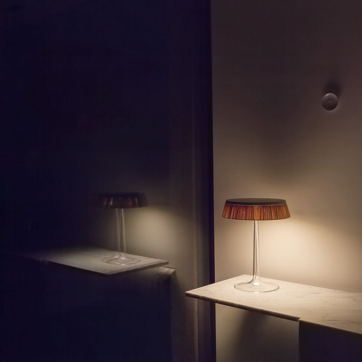 BON JOUR matte chrome table lamp with fabric shade