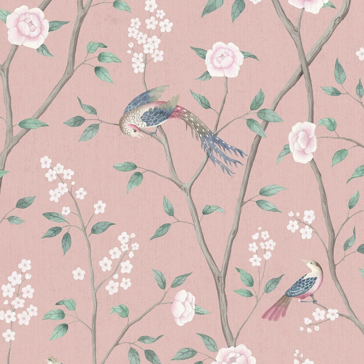 Vlies-Tapete mit Pflanzenmuster PARADISE BIRDS rosa mit weiß