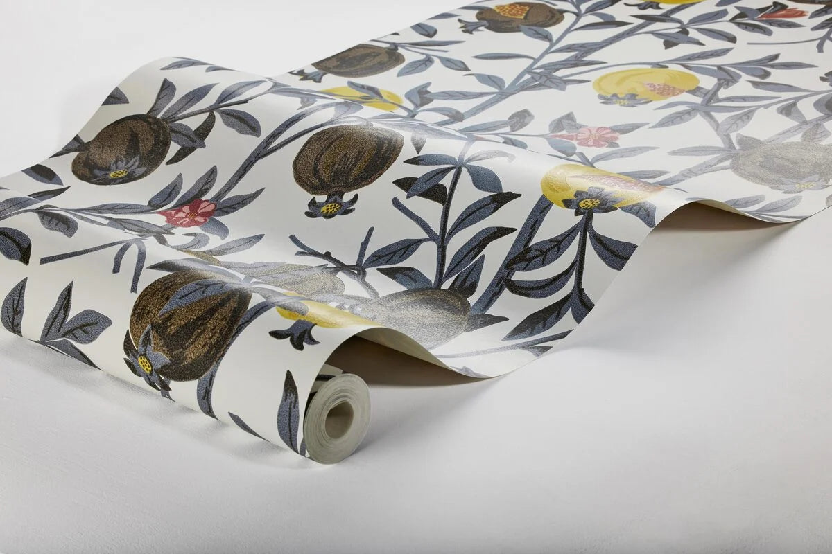 Tapete mit pflanzlichem Muster von Granatapfel, weiß mit braun