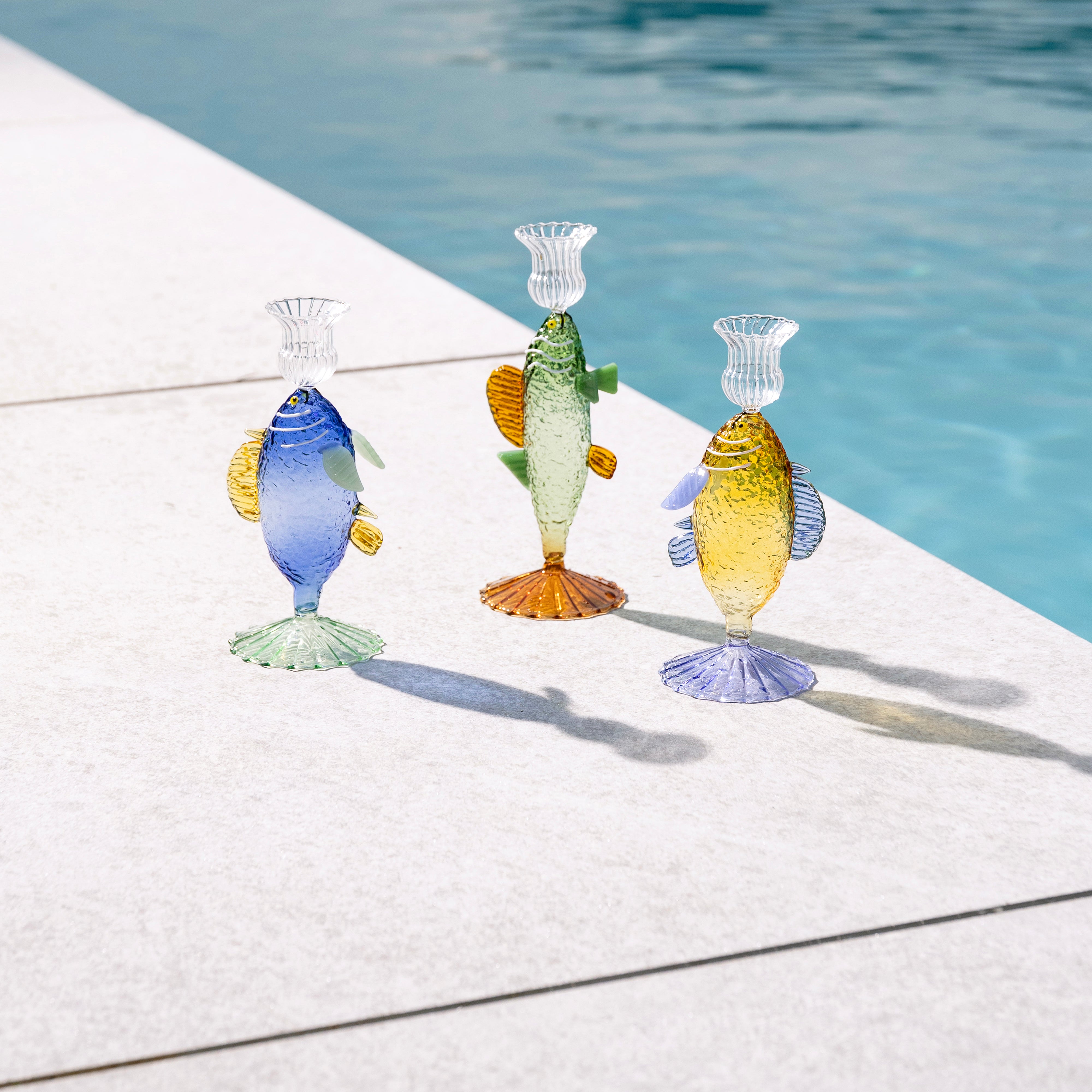 Glas-Teelichthalter FISCH gelb mit blau