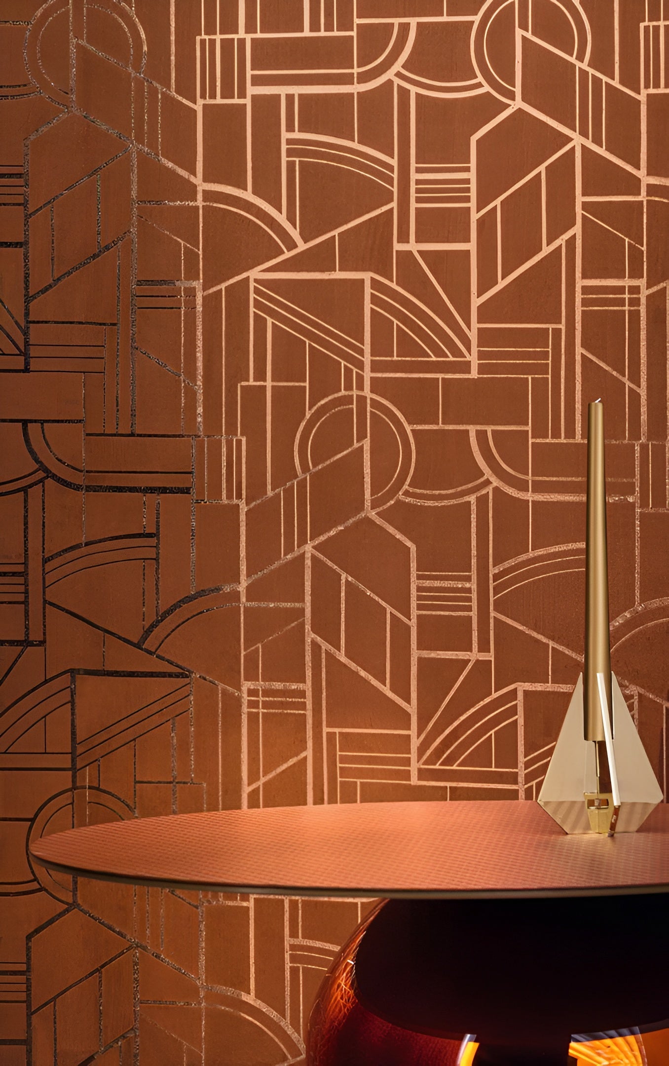 Metallic textile wallpaper with an Art Deco geometric pattern REIMS - TERRE DE SIENNE terracotta with gold