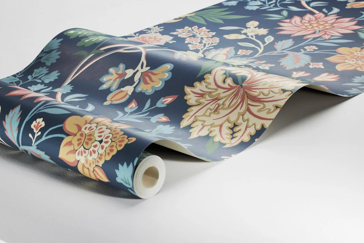 Vlies-Tapete mit Pflanzenmuster ALICIA dunkelblau mit Gelb