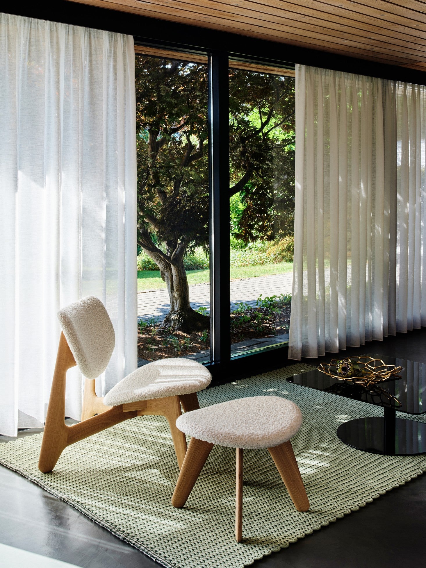 Beige Boucle SLAB Footrest with Oak Base