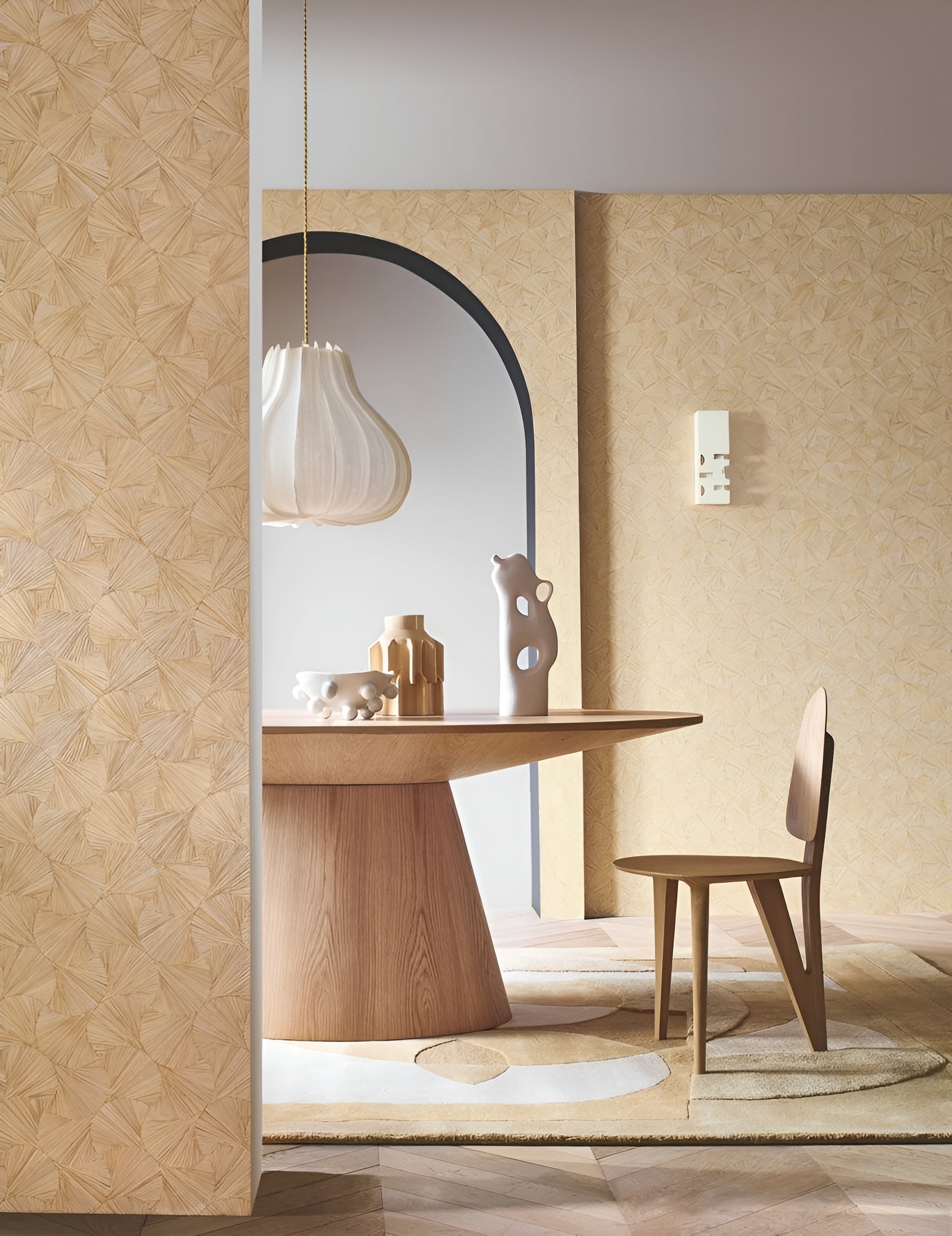 Geometric Structural Wallpaper with Leaf Plant Motif LOMBOK - PAILLE Straw Beige
