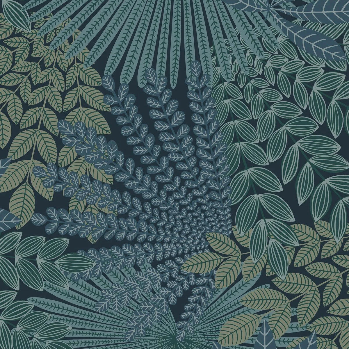 Tapete mit pflanzlichem Motiv VELVET LEAVES in Marineblau mit Grün