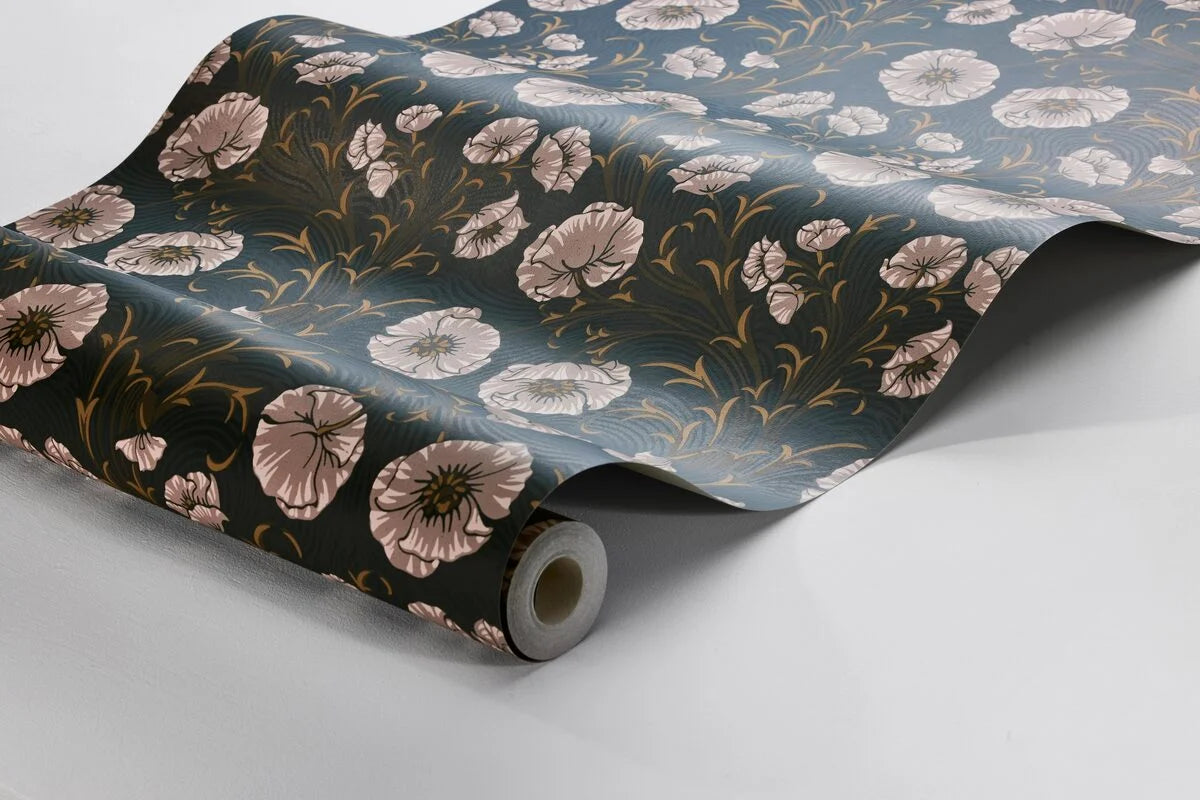 Tapete mit Pflanzenmotiv Blumen POPPY FLOW dunkelgrün mit beige