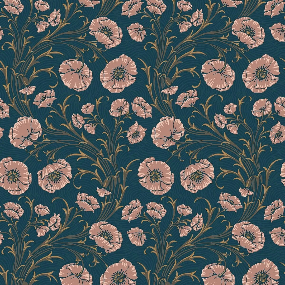 Tapete mit floralem Motiv von Blumen POPPY FLOW in Marineblau mit Rosa