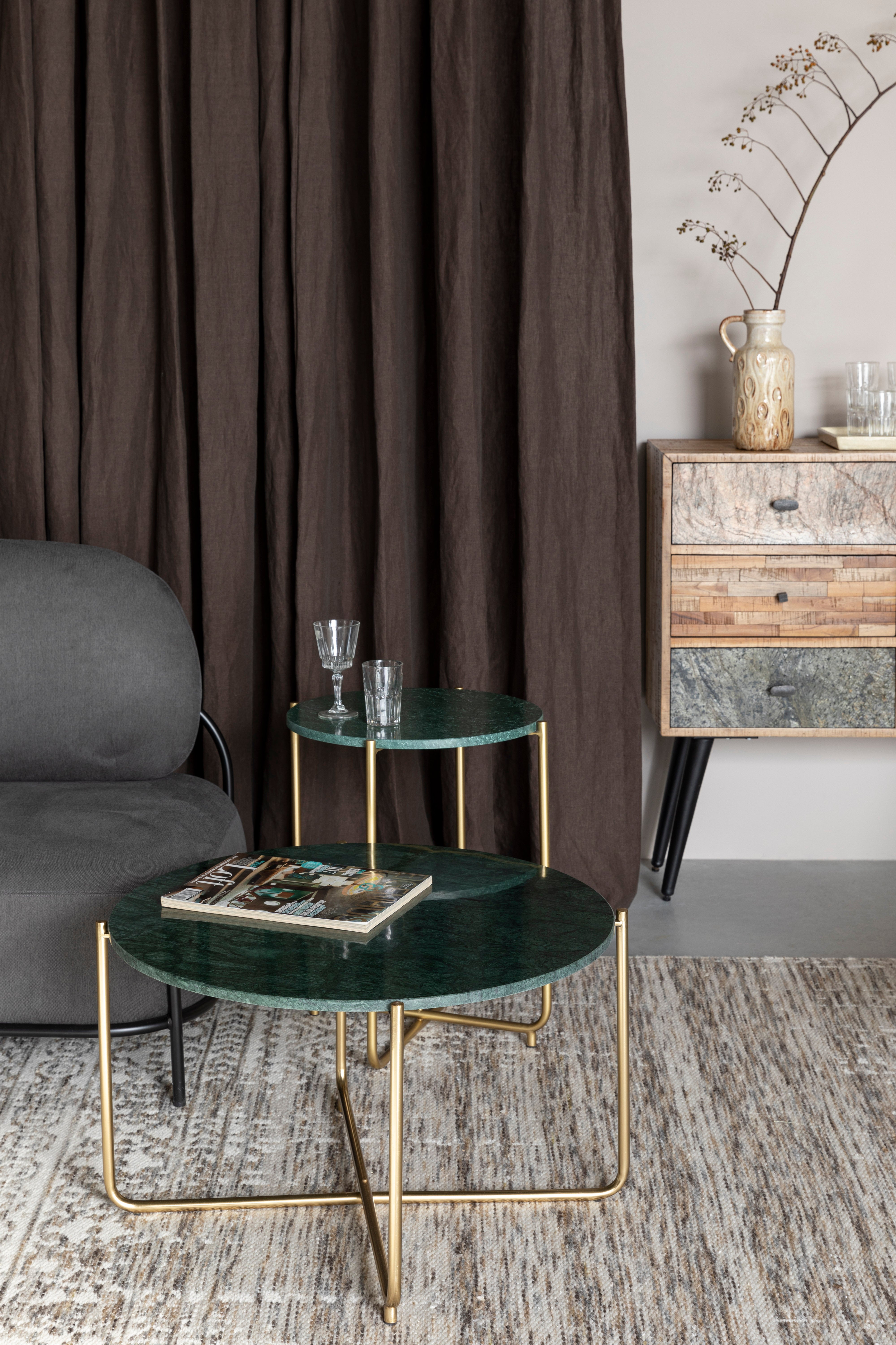 Timpa coffee table Green marble with a golden base
