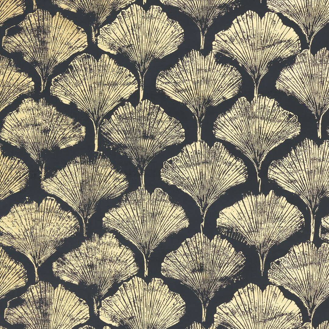 Metallic textile wallpaper with a tree plant motif YINKUO - NOIR DE LUNE black with gold