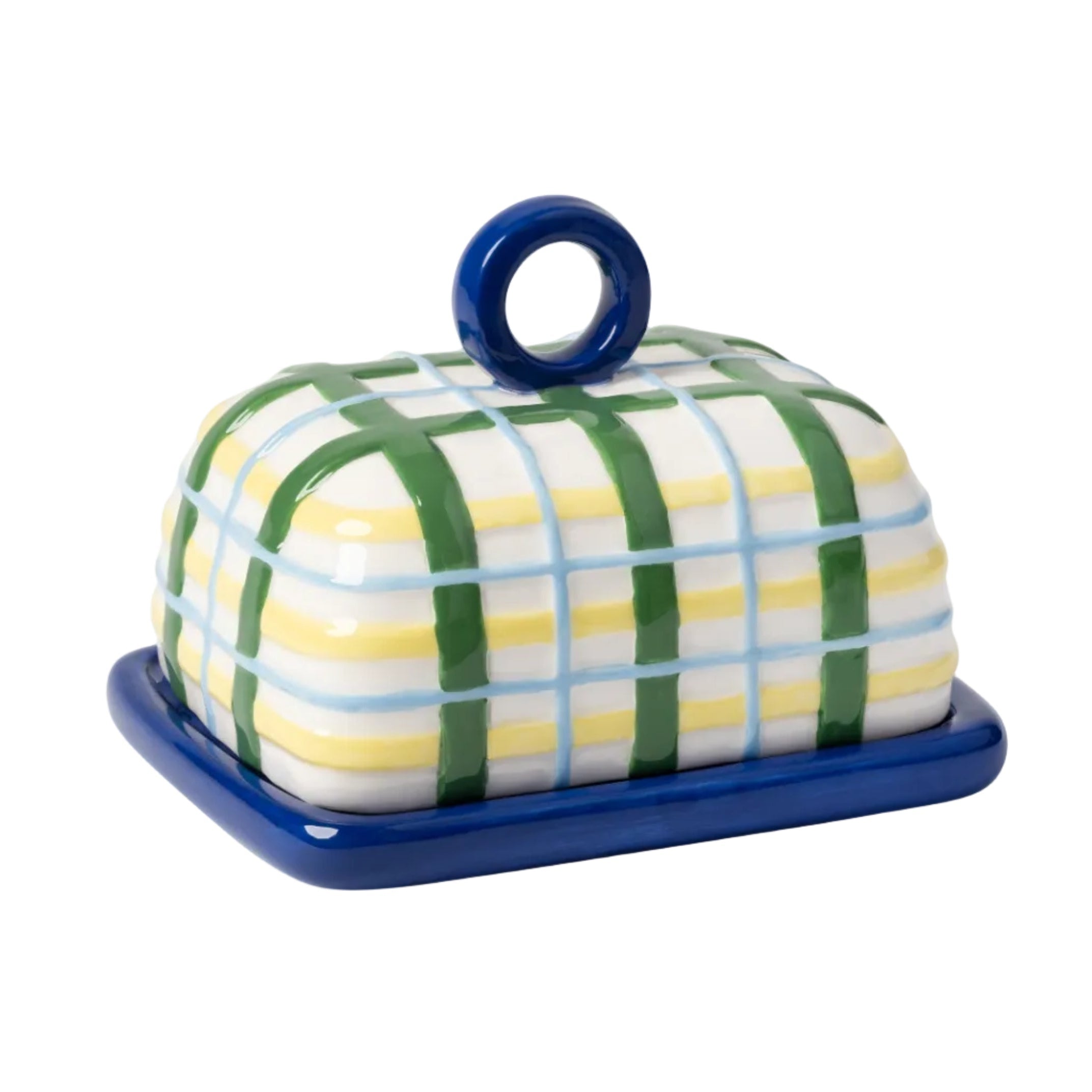 Blue PLAID Butter Dish with Green and Yellow