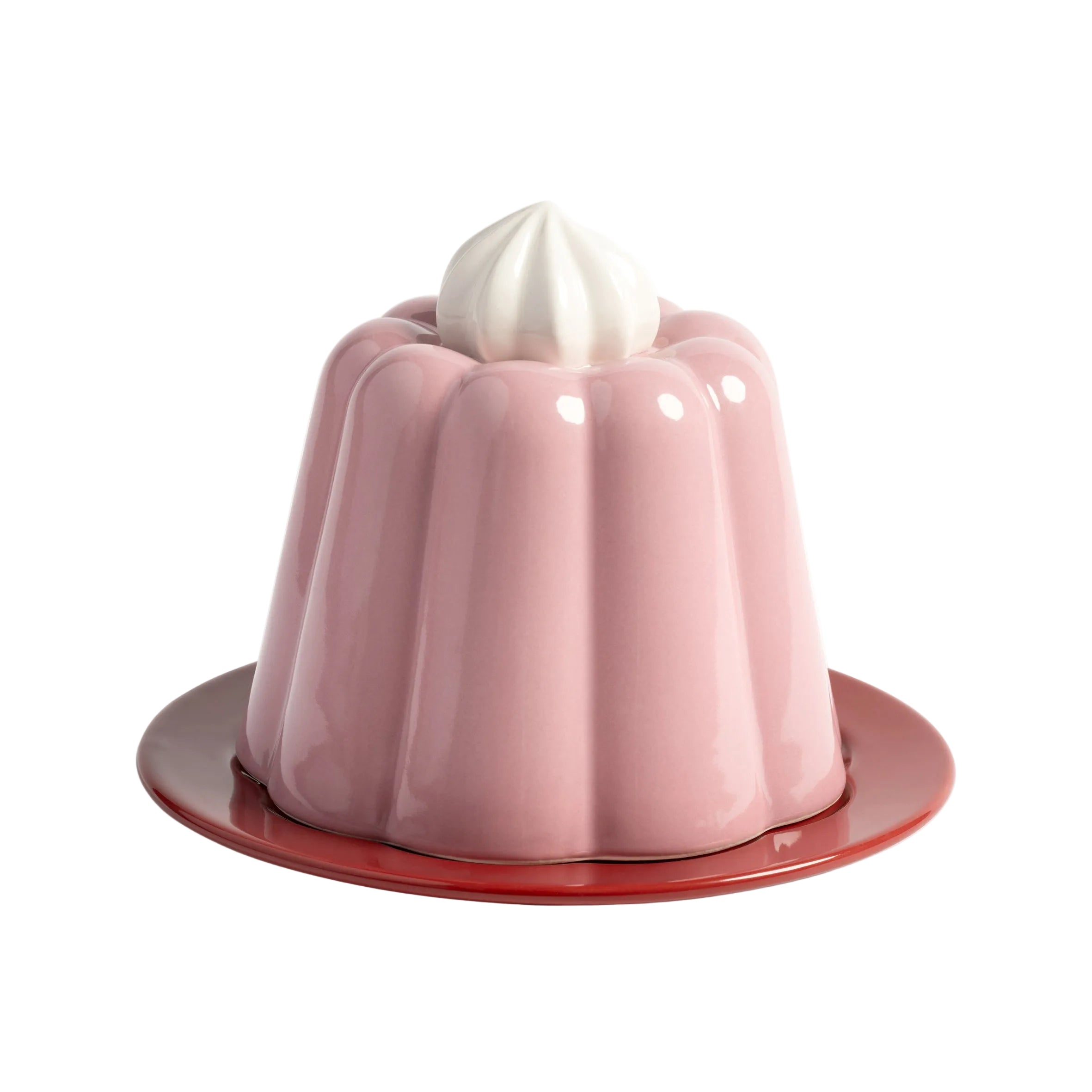 Pink PUDDING plate with lid in red and white
