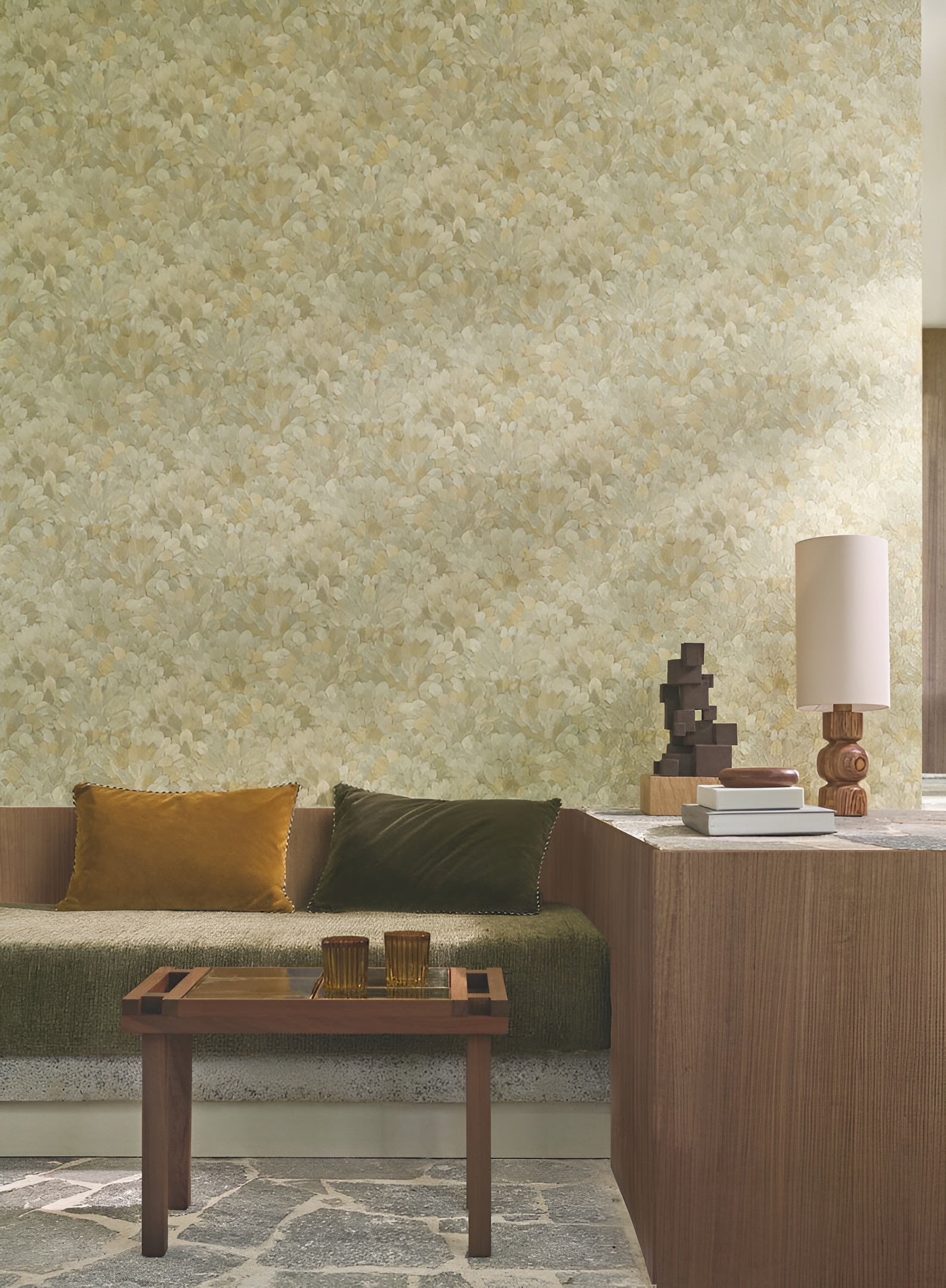 Structural vinyl wallpaper with a plant motif FEIJOA - GRÈGE gray-beige