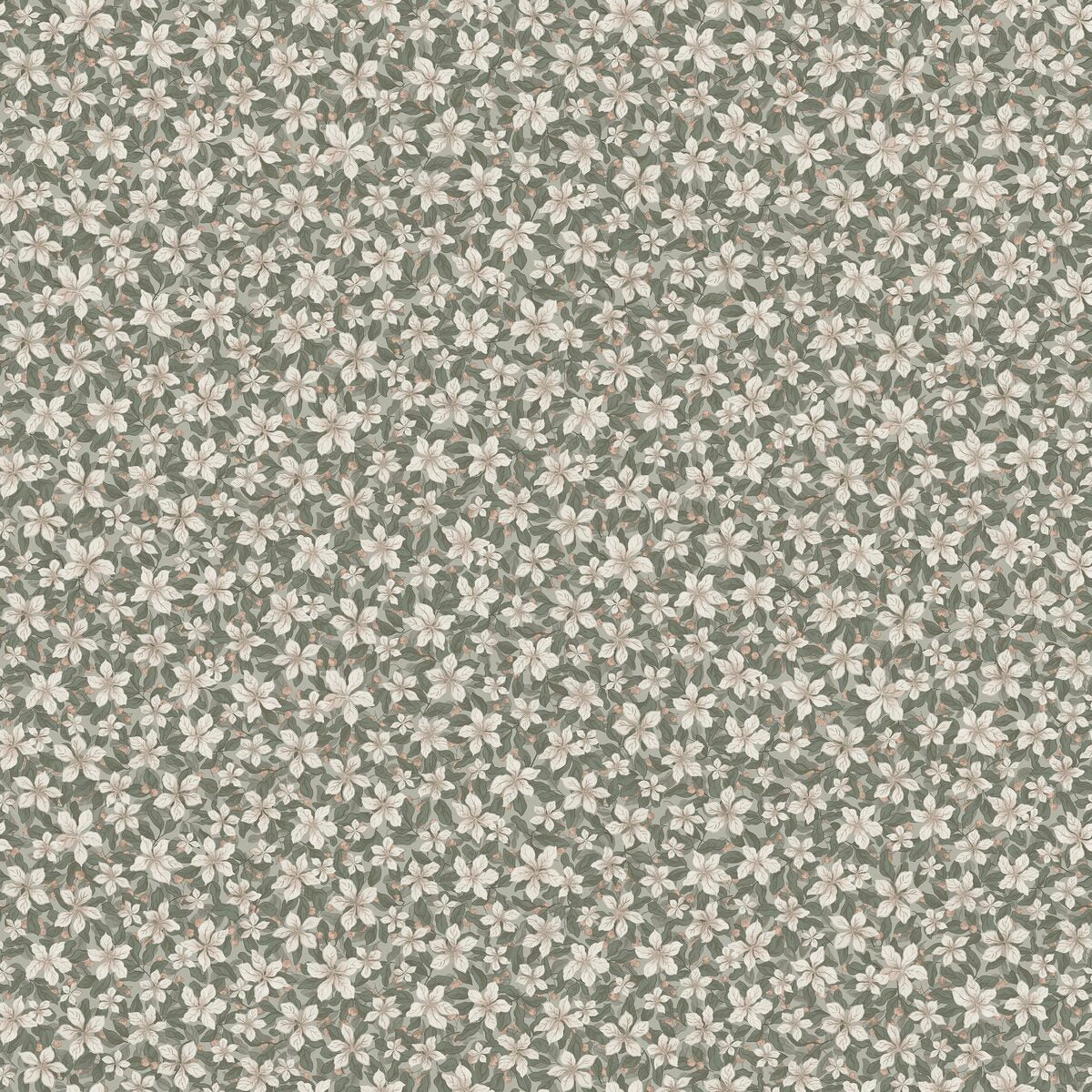 Tapete mit pflanzlichem Blumenmotiv SKOGSBLOMST grün mit weiß