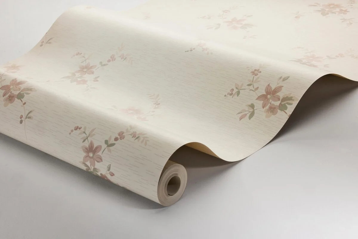 SAGA Beige Wallpaper with Floral Motif in Pink