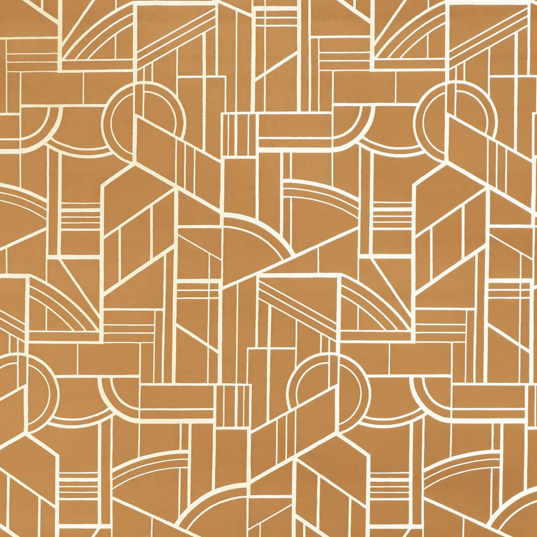 Metallic textile wallpaper with an Art Deco geometric pattern REIMS - AMBRE golden with white