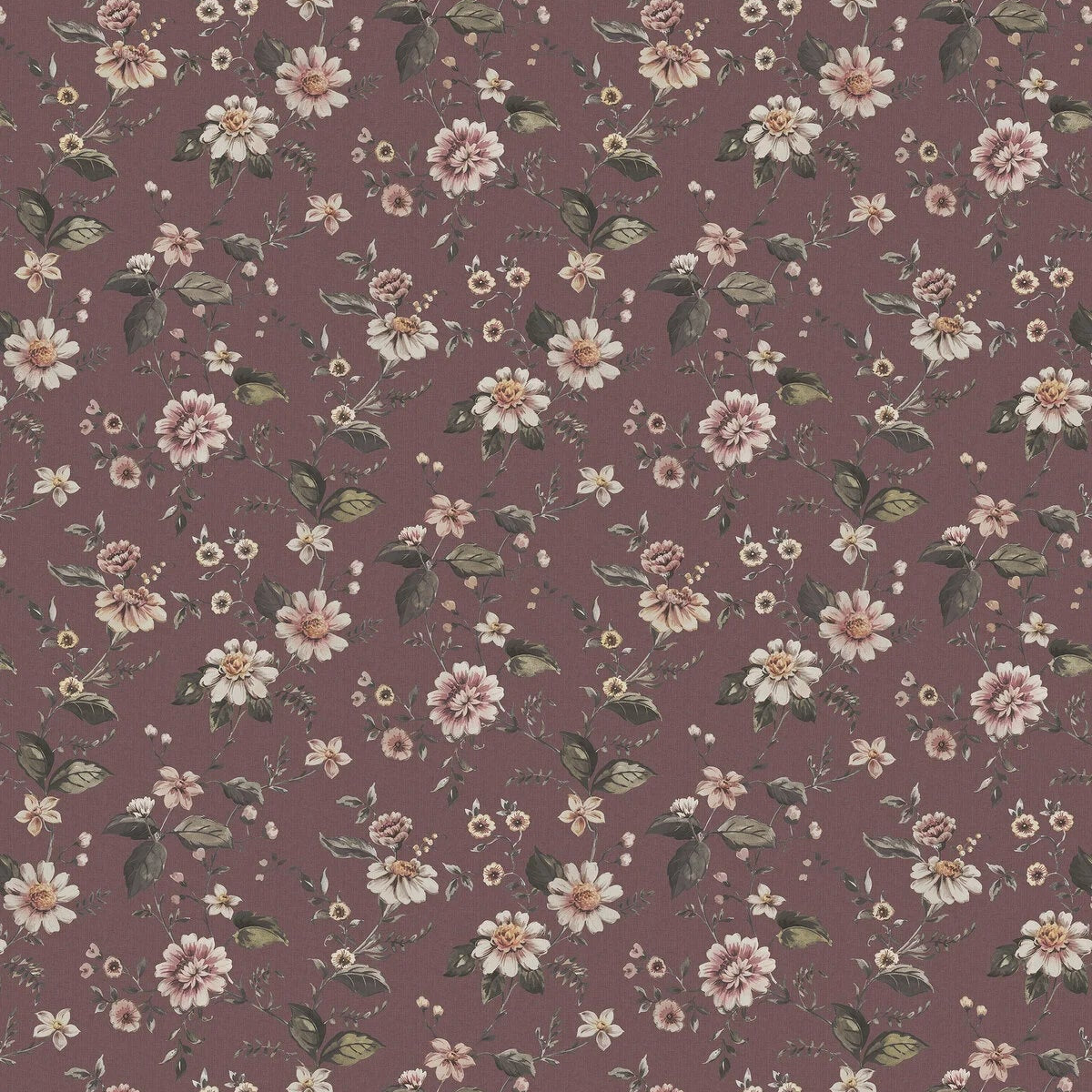 Structural mural with a floral pattern of MARION’S in burgundy with white