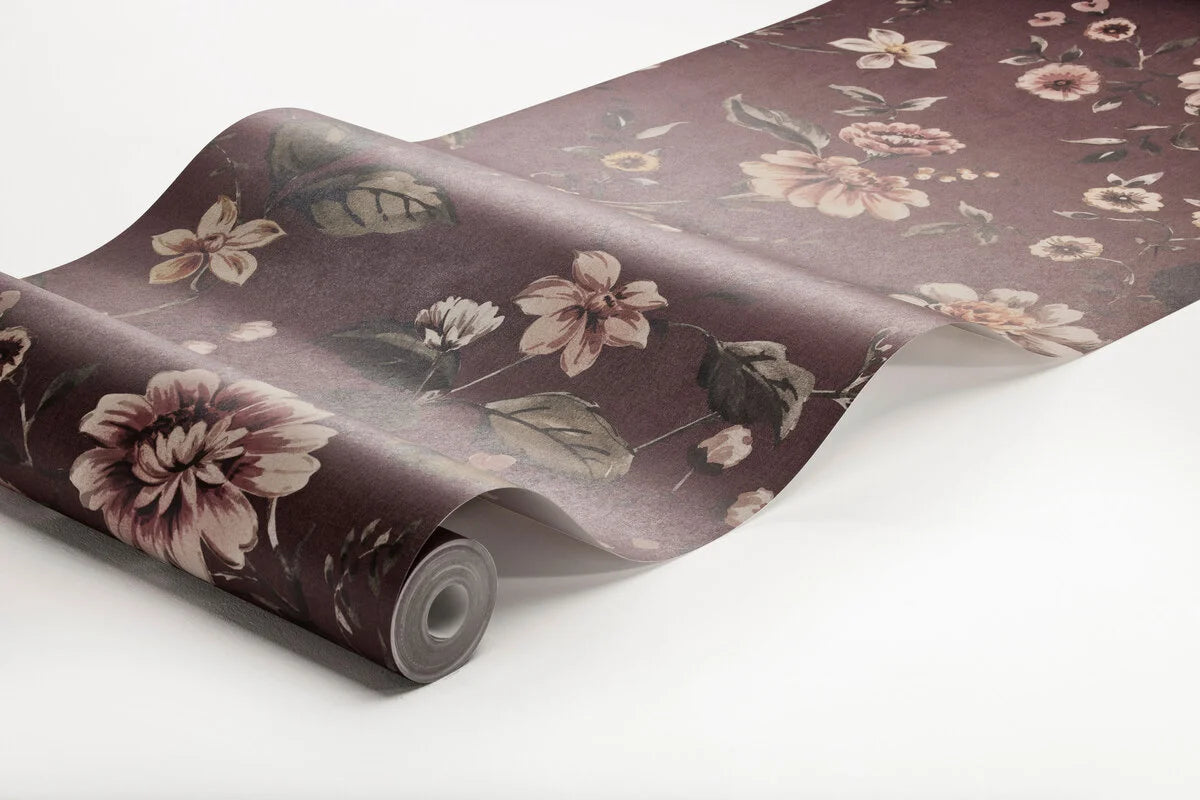 Structural mural with a floral pattern of MARION’S in burgundy with white