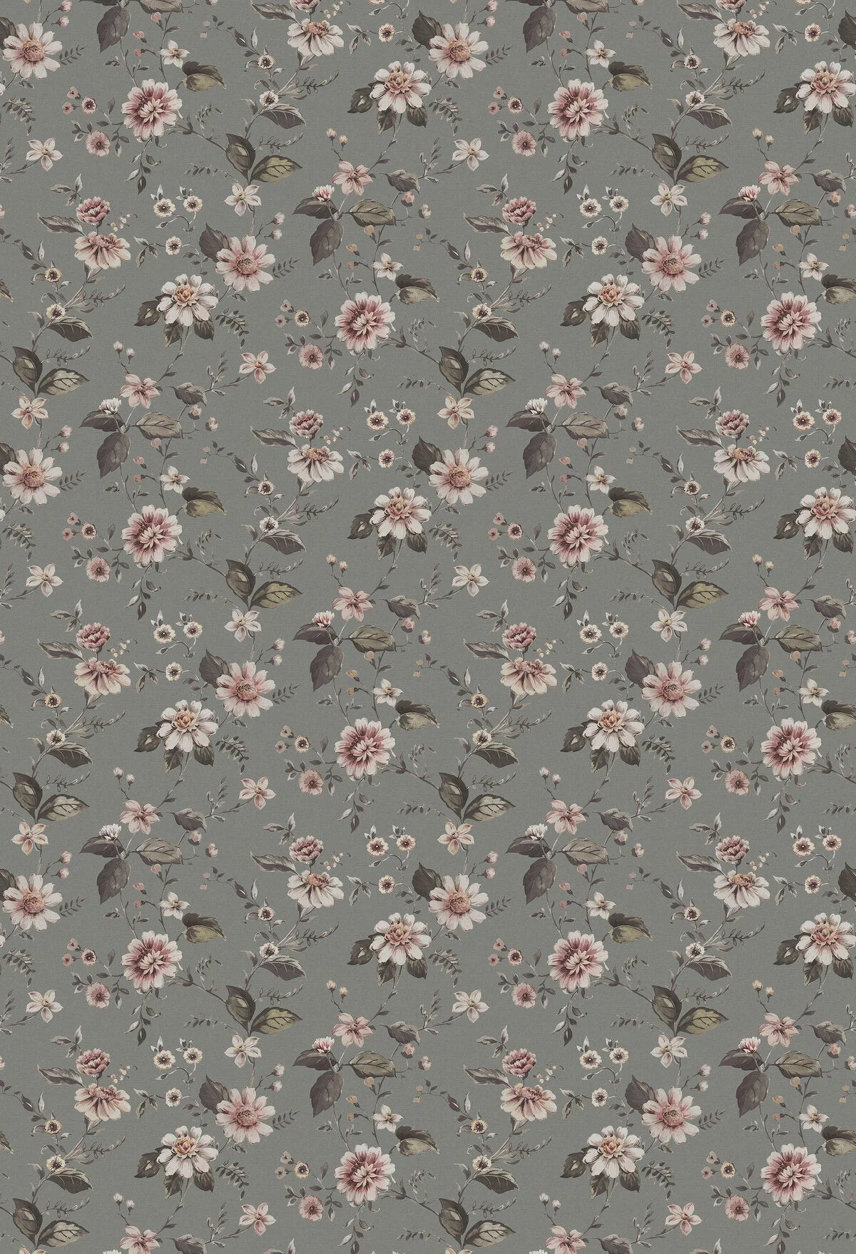 Structural mural with a floral pattern of MARION’S flowers in gray with pink