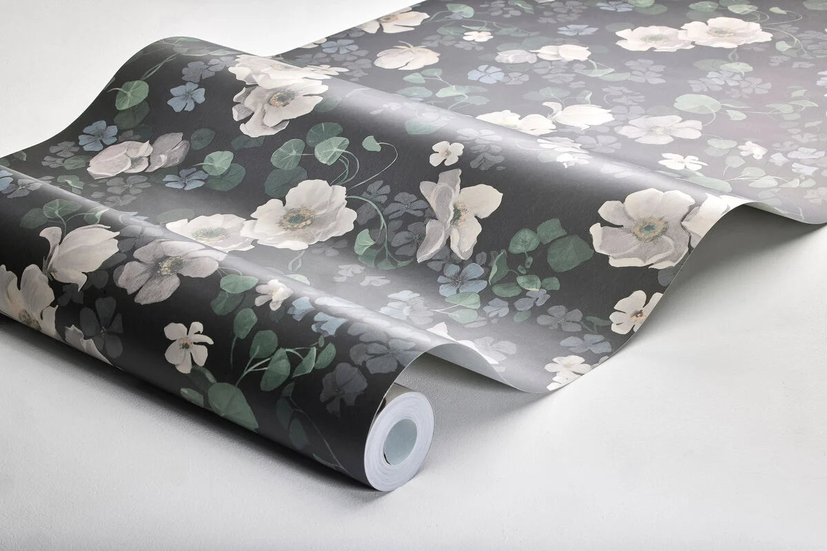 Non-woven paper wallpaper with an enchanting flower pattern in dark gray with white