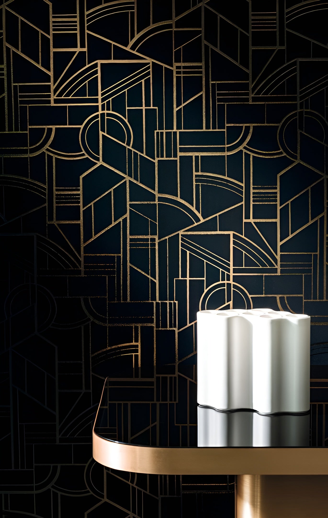 Metallic textile wallpaper with an Art Deco geometric pattern REIMS - TERRE DE SIENNE terracotta with gold
