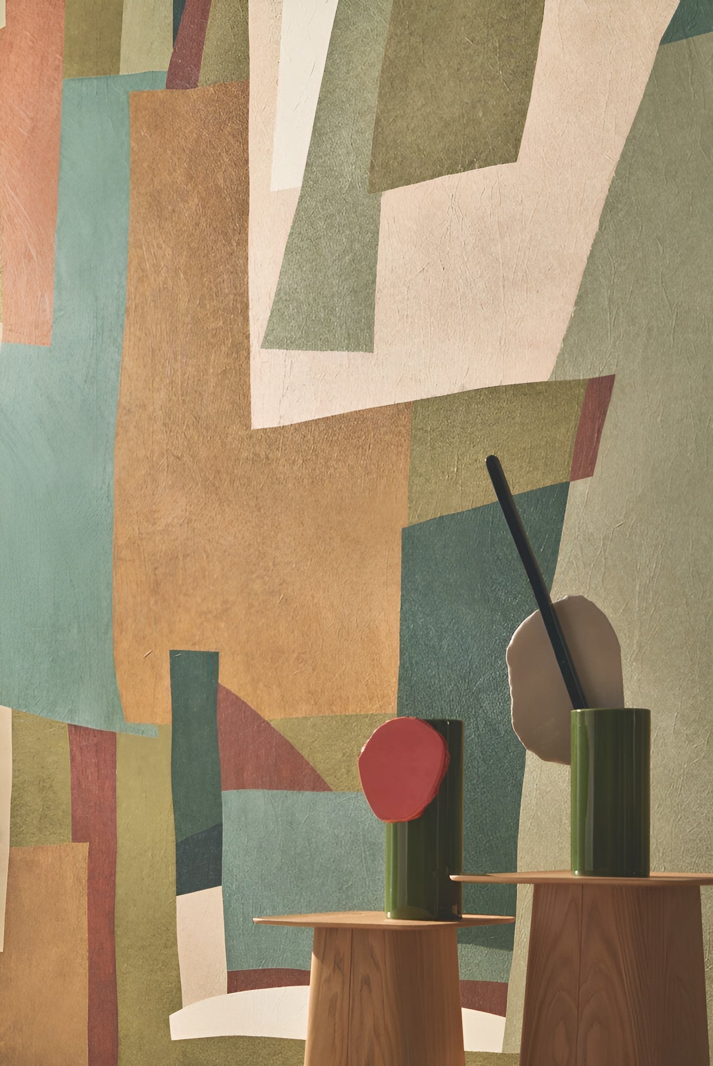 Textilwandbild mit abstraktem Motiv VERNISSAGE - MULTICOLORE grün mit beige und meerblau