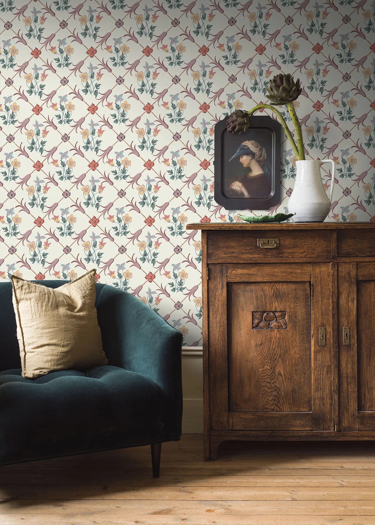 Vlies-Tapete mit Pflanzenmuster TESSIN in Weiß mit Lavendel- und Grüntönen