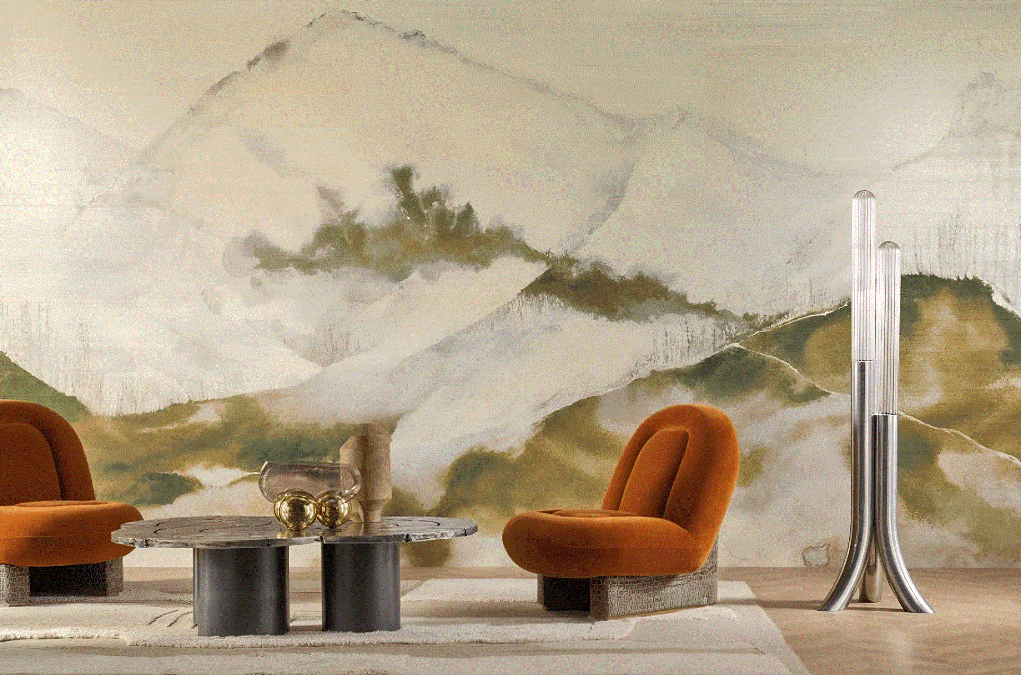 Wandmural mit Bergmotiv HORIZON - SABLE BEIGE DORÉ beige mit Gold