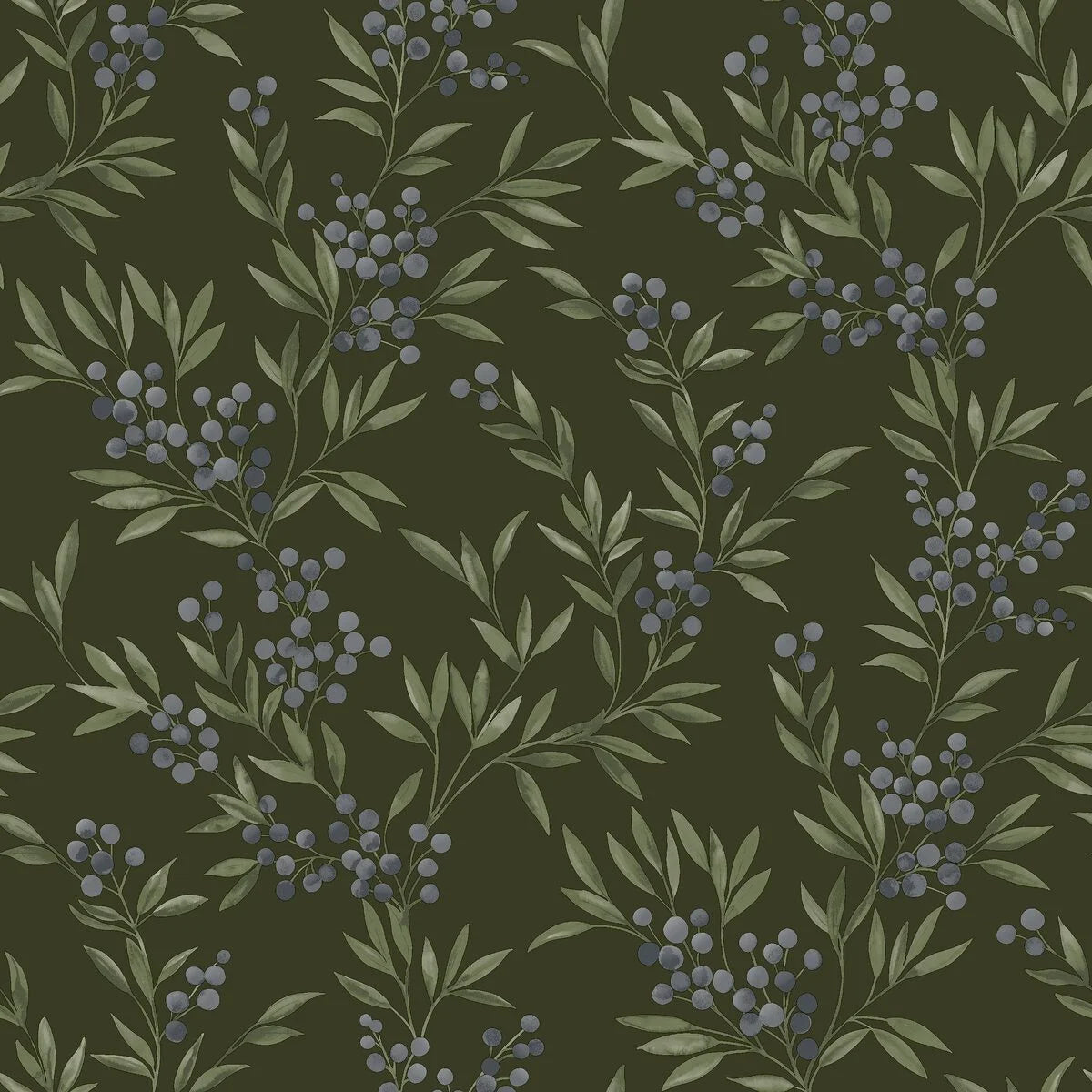 Tapete mit Pflanzenmotiv FOREST BERRIES grün mit blau