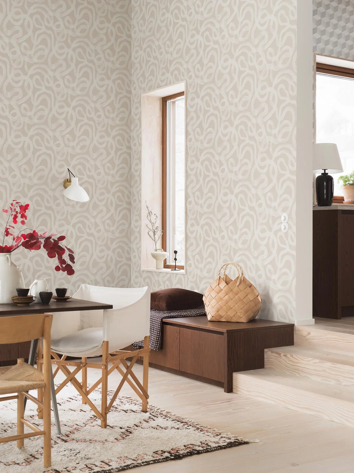Non-woven paper wallpaper with abstract CURVE pattern in beige and white