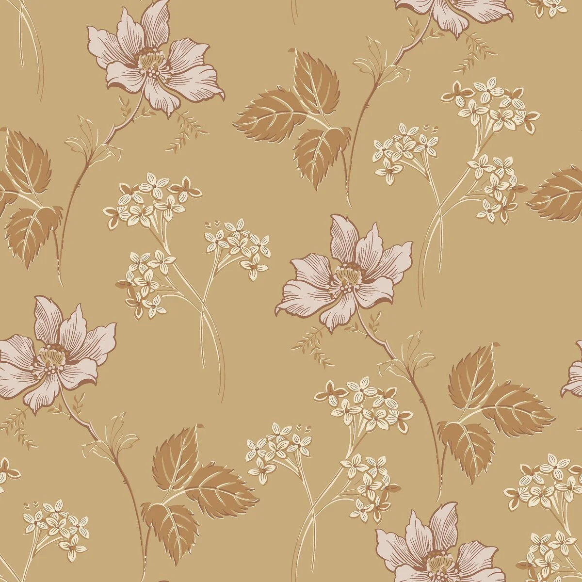 Tapete mit pflanzlichem Blumenmotiv VALBORG gold mit beige