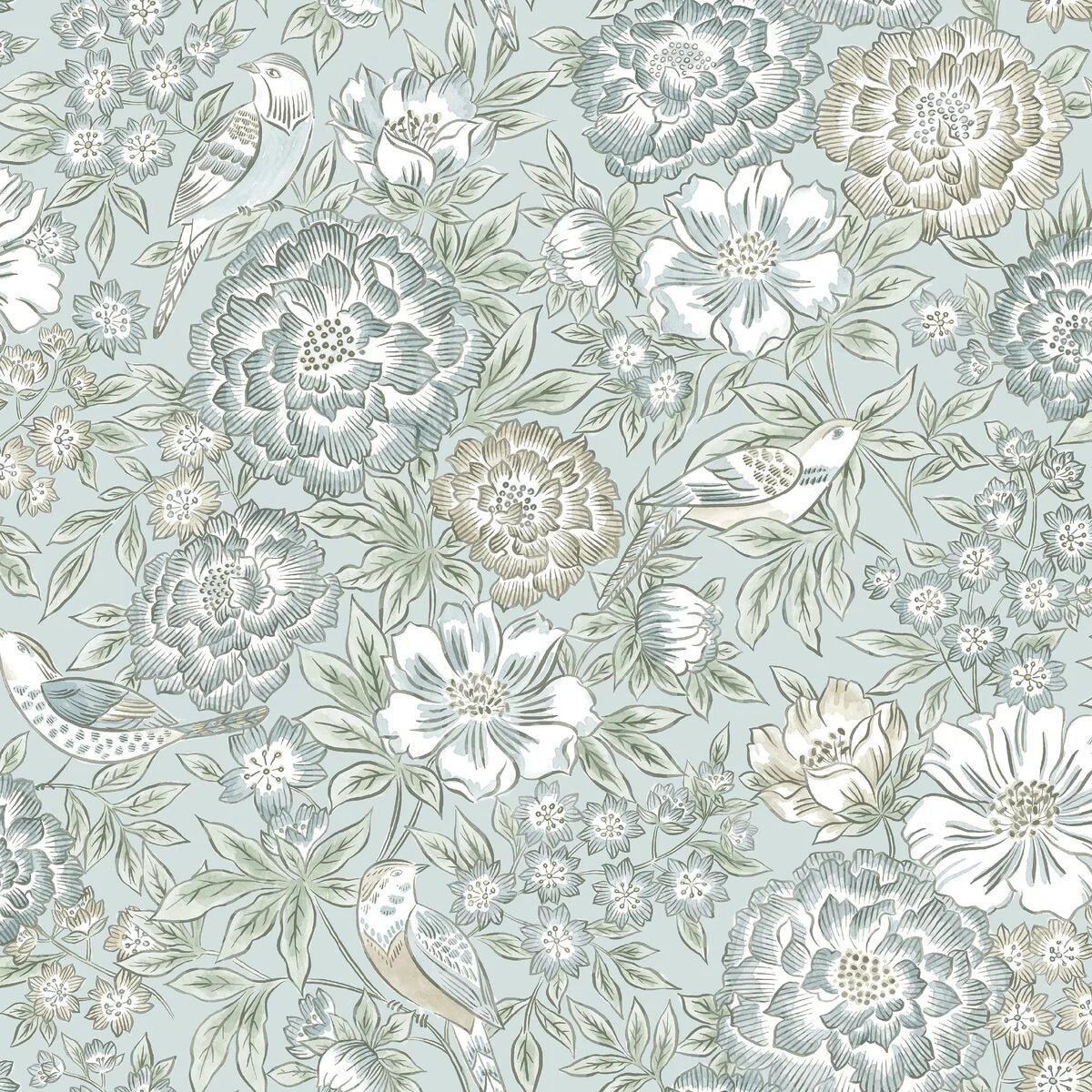 Tapete mit pflanzlichem Blumenmotiv DAGMAR in Mintgrün mit Weiß