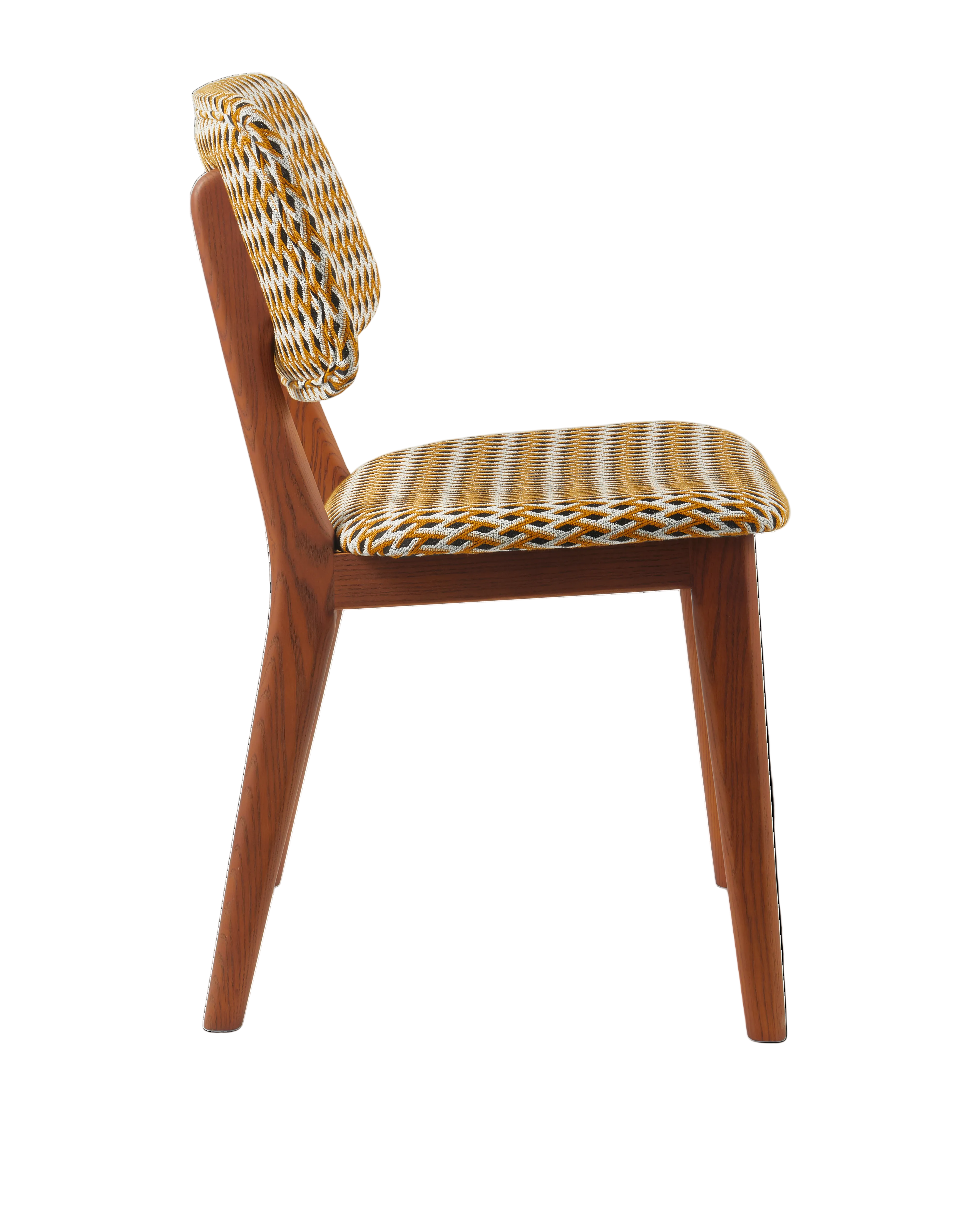 HAPPY DAYS chair in ochre with geometric patterns and wooden base