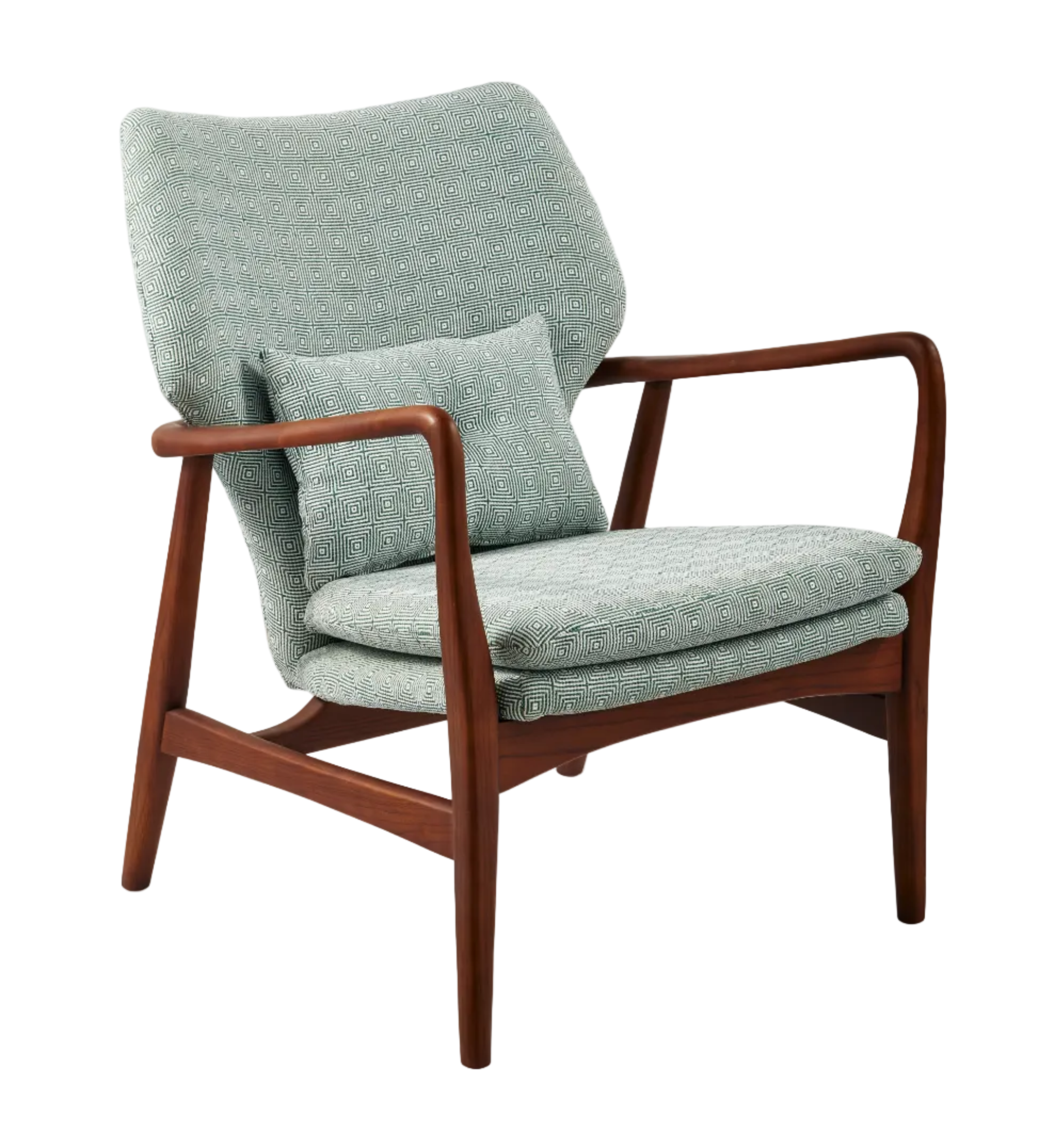 PEGGY armchair in green with geometric patterns and a wooden base