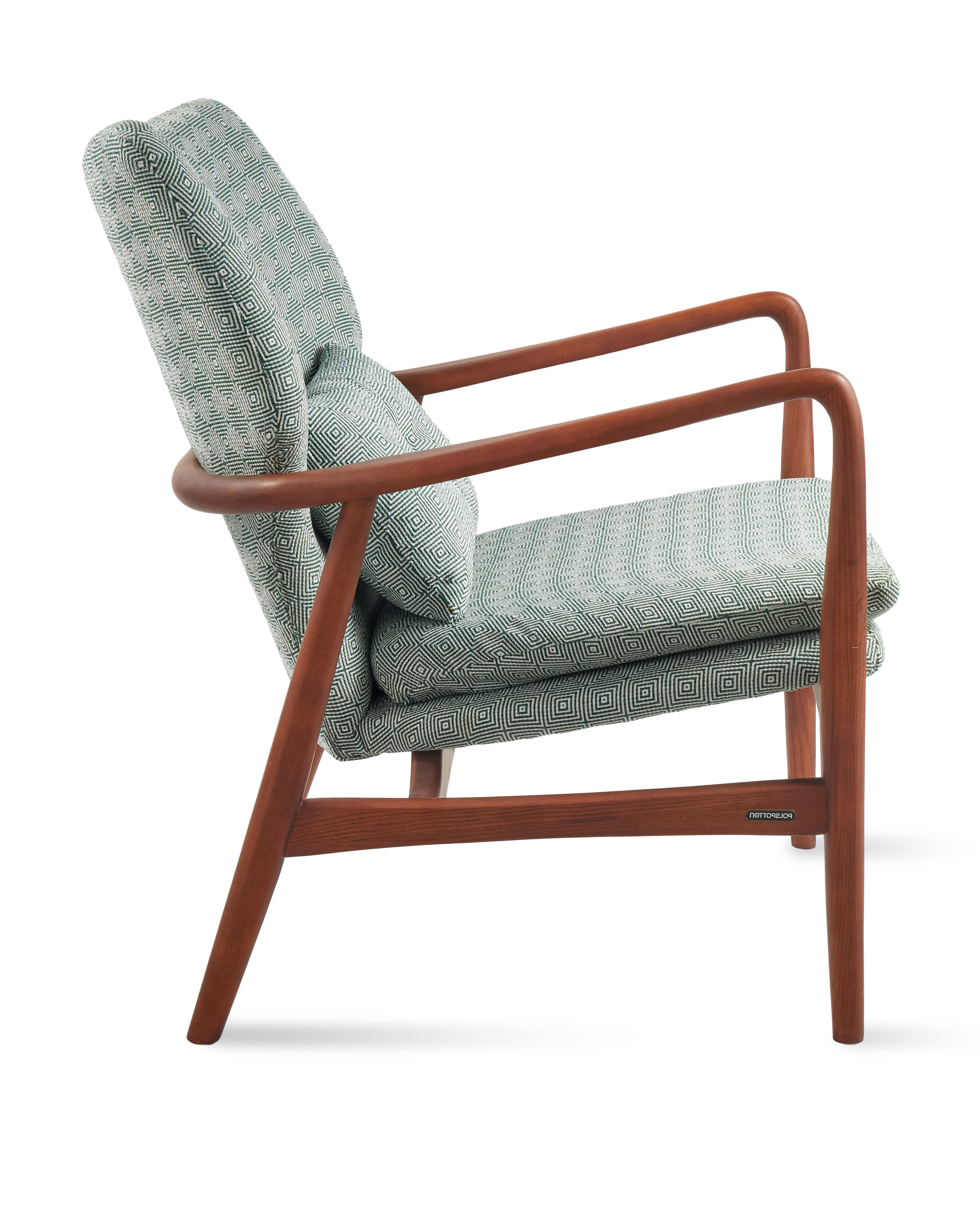 PEGGY armchair in green with geometric patterns and a wooden base