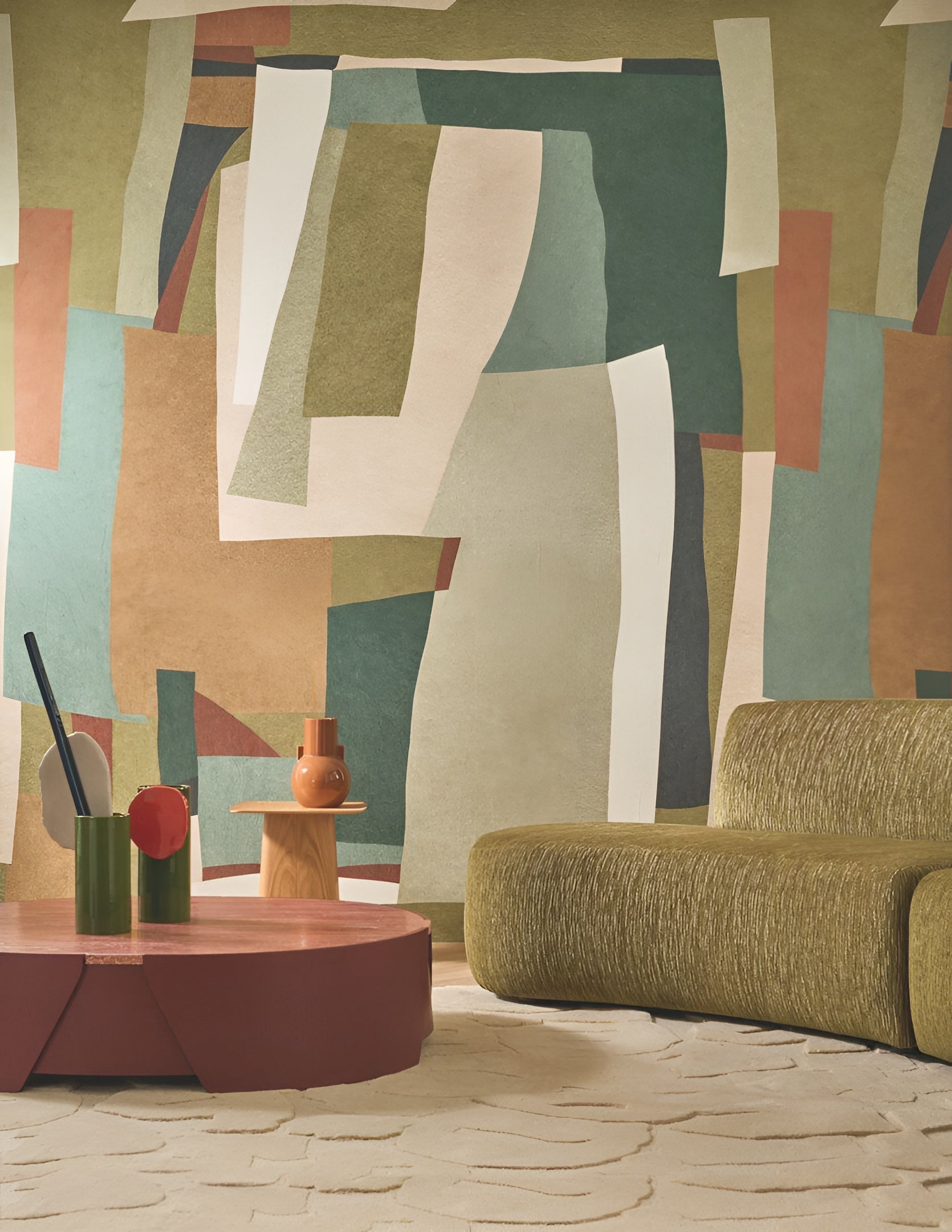 Textilwandbild mit abstraktem Motiv VERNISSAGE - MULTICOLORE grün mit beige und meerblau