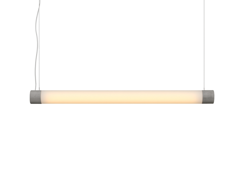 LONGA horizontal pendant lamp with a milky shade and concrete detail